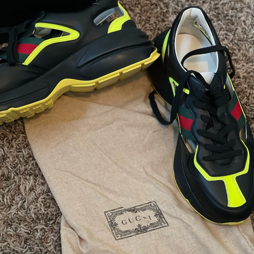 Gucci Men's Black and Neon Yellow Sneakers worn 1 time only comes with dust bags